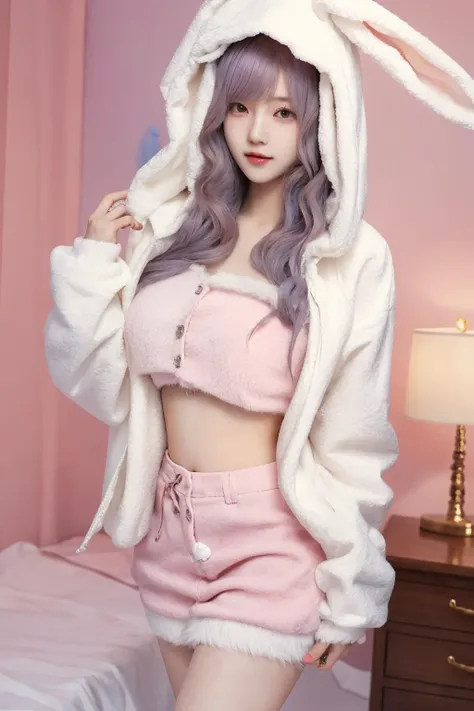bunbun, skirt, jacket, midriff, hood, rabbit ears, leg warmers, best quality, masterpiece, illustration, realistic, photo-realistic, amazing, finely detail, incredibly absurdres, huge filesize, ultra-detailed, highres, extremely detailed CG unity 8k wallpaper, nsfw, A cute Korean woman with a cute face and hairstyle is wearing a pink crop top with a fuzzy white rabbit ear hoodie. The hoodie is open, revealing the pink crop top underneath. She is also wearing leg warmers. The woman is standing in a cute room with pink and blue tones. The room is decorated with many cute decorations.