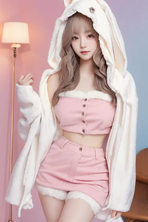 <lora:bunbun:0.7>, bunbun, skirt, jacket, midriff, hood, rabbit ears, leg warmers, best quality, masterpiece, illustration, realistic, photo-realistic, amazing, finely detail, incredibly absurdres, huge filesize, ultra-detailed, highres, extremely detailed CG unity 8k wallpaper, nsfw, A cute Korean woman with a cute face and hairstyle is wearing a pink crop top with a fuzzy white rabbit ear hoodie. The hoodie is open, revealing the pink crop top underneath. She is also wearing leg warmers. The woman is standing in a cute room with pink and blue tones. The room is decorated with many cute decorations.
