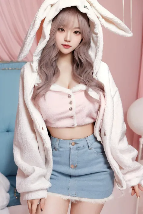 <lora:bunbun:0.7>, bunbun, skirt, jacket, midriff, hood, rabbit ears, leg warmers, best quality, masterpiece, illustration, realistic, photo-realistic, amazing, finely detail, incredibly absurdres, huge filesize, ultra-detailed, highres, extremely detailed CG unity 8k wallpaper, nsfw, A cute Korean woman with a cute face and hairstyle is wearing a pink crop top with a fuzzy white rabbit ear hoodie. The hoodie is open, revealing the pink crop top underneath. She is also wearing leg warmers. The woman is standing in a cute room with pink and blue tones. The room is decorated with many cute decorations.