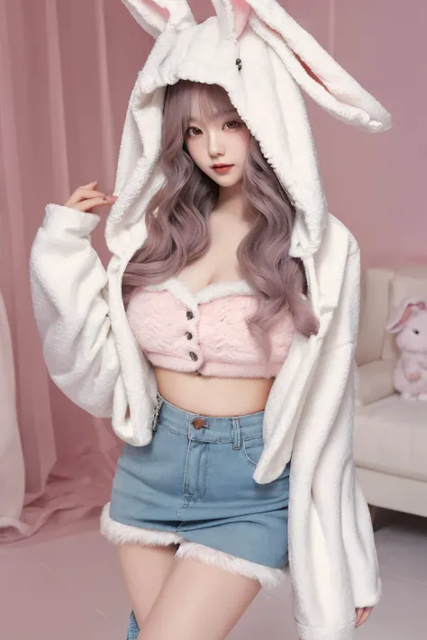 <lora:bunbun:0.7>, bunbun, skirt, jacket, midriff, hood, rabbit ears, leg warmers, best quality, masterpiece, illustration, realistic, photo-realistic, amazing, finely detail, incredibly absurdres, huge filesize, ultra-detailed, highres, extremely detailed CG unity 8k wallpaper, nsfw, A cute Korean woman with a cute face and hairstyle is wearing a pink crop top with a fuzzy white rabbit ear hoodie. The hoodie is open, revealing the pink crop top underneath. She is also wearing leg warmers. The woman is standing in a cute room with pink and blue tones. The room is decorated with many cute decorations.