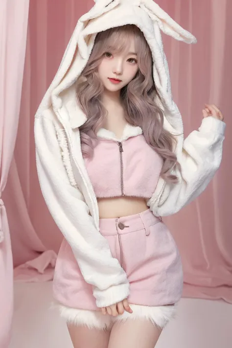 <lora:bunbun:0.7>, bunbun, skirt, jacket, midriff, hood, rabbit ears, leg warmers, best quality, masterpiece, illustration, realistic, photo-realistic, amazing, finely detail, incredibly absurdres, huge filesize, ultra-detailed, highres, extremely detailed CG unity 8k wallpaper, nsfw, A cute Korean woman with a cute face and hairstyle is wearing a pink crop top with a fuzzy white rabbit ear hoodie. The hoodie is open, revealing the pink crop top underneath. She is also wearing leg warmers. The woman is standing in a cute room with pink and blue tones. The room is decorated with many cute decorations.