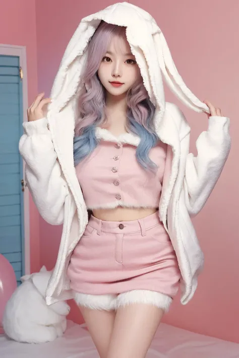 <lora:bunbun:0.7>, bunbun, skirt, jacket, midriff, hood, rabbit ears, leg warmers, best quality, masterpiece, illustration, realistic, photo-realistic, amazing, finely detail, incredibly absurdres, huge filesize, ultra-detailed, highres, extremely detailed CG unity 8k wallpaper, nsfw, A cute Korean woman with a cute face and hairstyle is wearing a pink crop top with a fuzzy white rabbit ear hoodie. The hoodie is open, revealing the pink crop top underneath. She is also wearing leg warmers. The woman is standing in a cute room with pink and blue tones. The room is decorated with many cute decorations.