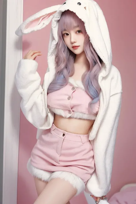 <lora:bunbun:0.7>, bunbun, skirt, jacket, midriff, hood, rabbit ears, leg warmers, best quality, masterpiece, illustration, realistic, photo-realistic, amazing, finely detail, incredibly absurdres, huge filesize, ultra-detailed, highres, extremely detailed CG unity 8k wallpaper, nsfw, A cute Korean woman with a cute face and hairstyle is wearing a pink crop top with a fuzzy white rabbit ear hoodie. The hoodie is open, revealing the pink crop top underneath. She is also wearing leg warmers. The woman is standing in a cute room with pink and blue tones. The room is decorated with many cute decorations.