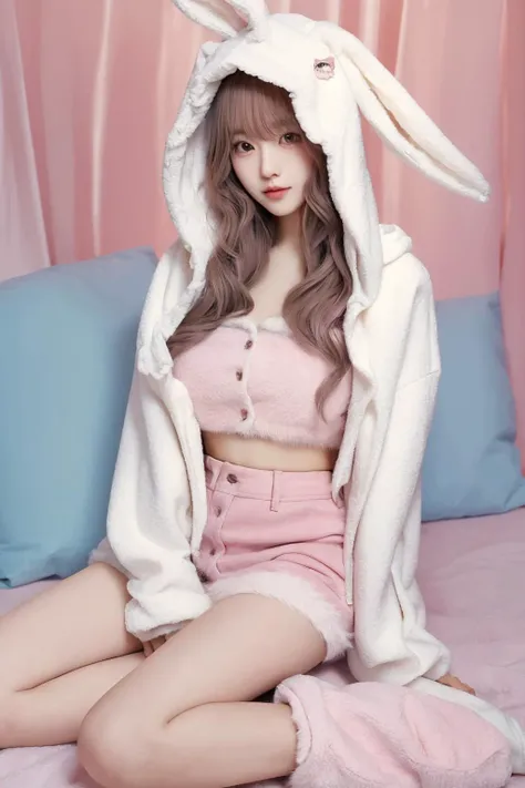 <lora:bunbun:0.7>, bunbun, skirt, jacket, midriff, hood, rabbit ears, leg warmers, best quality, masterpiece, illustration, realistic, photo-realistic, amazing, finely detail, incredibly absurdres, huge filesize, ultra-detailed, highres, extremely detailed CG unity 8k wallpaper, nsfw, A cute Korean woman with a cute face and hairstyle is wearing a pink crop top with a fuzzy white rabbit ear hoodie. The hoodie is open, revealing the pink crop top underneath. She is also wearing leg warmers. The woman is standing in a cute room with pink and blue tones. The room is decorated with many cute decorations.