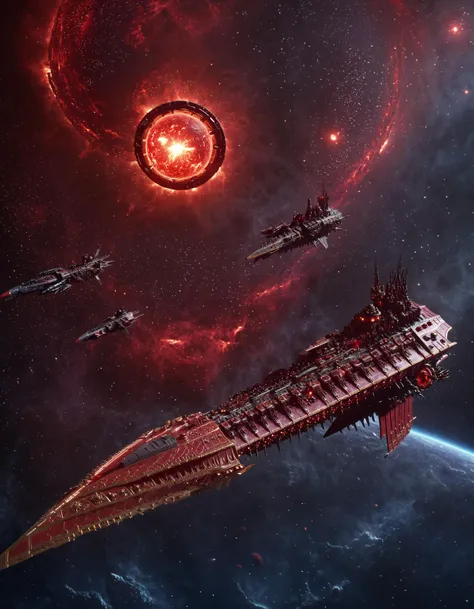 cinematic space battle scene, chaoswarfleet battleship in space,
abstract galaxy backgroud, swirling liquid sun background, glowing red chaos sun, atmospheric haze, Film grain, dark scifi horror movie concept art, depth of field, highly detailed, moody, epic
<lora:add-detail-xl:0.7> <lora:Chaos_Warfleet_-_Warhammer_40000_SDXL:1>