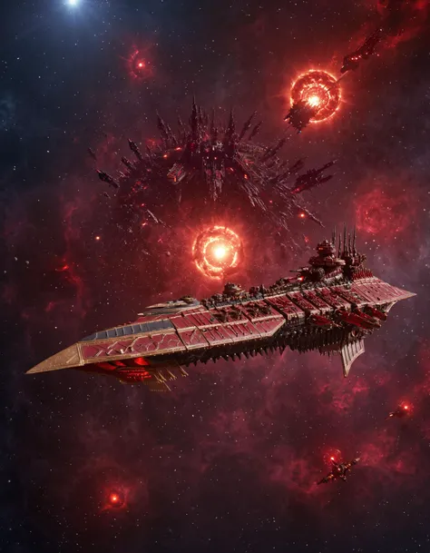 cinematic space battle scene, chaoswarfleet battleship in space,
abstract galaxy backgroud, swirling liquid sun background, glowing red chaos sun, atmospheric haze, Film grain, dark scifi horror movie concept art, depth of field, highly detailed, moody, epic
<lora:add-detail-xl:0.7> <lora:Chaos_Warfleet_-_Warhammer_40000_SDXL:1>
