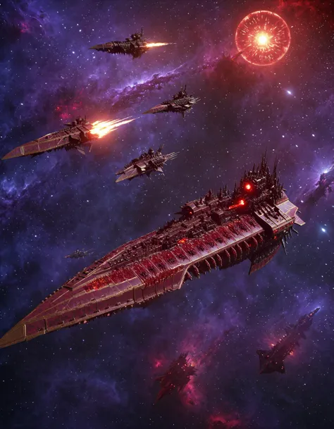 cinematic space battle scene, chaoswarfleet battleship in space,
abstract galaxy backgroud, swirling liquid sun background, glowing red chaos sun, atmospheric haze, Film grain, dark scifi horror movie concept art, depth of field, highly detailed, moody, epic
<lora:add-detail-xl:0.7> <lora:Chaos_Warfleet_-_Warhammer_40000_SDXL:1>