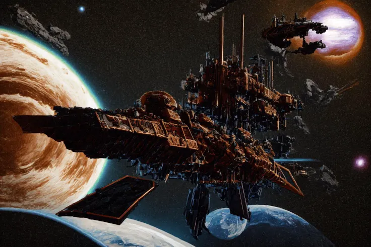 chaoswarfleet out in space, guns blazing, deep space, highly detailed, cinematic, science fiction,
 <lora:Chaos_Warfleet_-_Warhammer_40000:1>