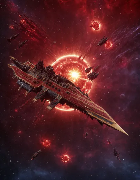 cinematic space battle scene, chaoswarfleet battleship in space,
abstract galaxy backgroud, swirling liquid sun background, glowing red chaos sun, atmospheric haze, Film grain, dark scifi horror movie concept art, depth of field, highly detailed, moody, epic
<lora:add-detail-xl:0.7> <lora:Chaos_Warfleet_-_Warhammer_40000_SDXL:1>