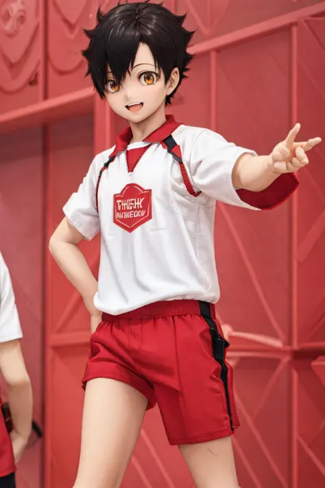 masterpiece, best quality, 1boy, <lora:kuroo:1>, solo, black hair, brown eyes, sportswear, red shirt, red shorts, half body, simple background, open mouth smiling, <lora:dd:0.5>, looking at viewer