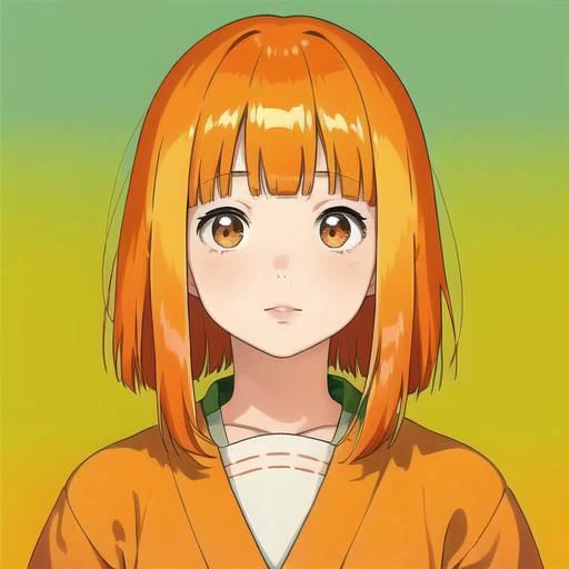 (realistic:1.1),ghibli ,anime ,(en girl ,1girl ),,lip, Laplap,Fiberglass, fluorescent orange gradient background, Rust hair,Blunt bangs hair, Asian ,, (masterpiece,best quality,niji style)