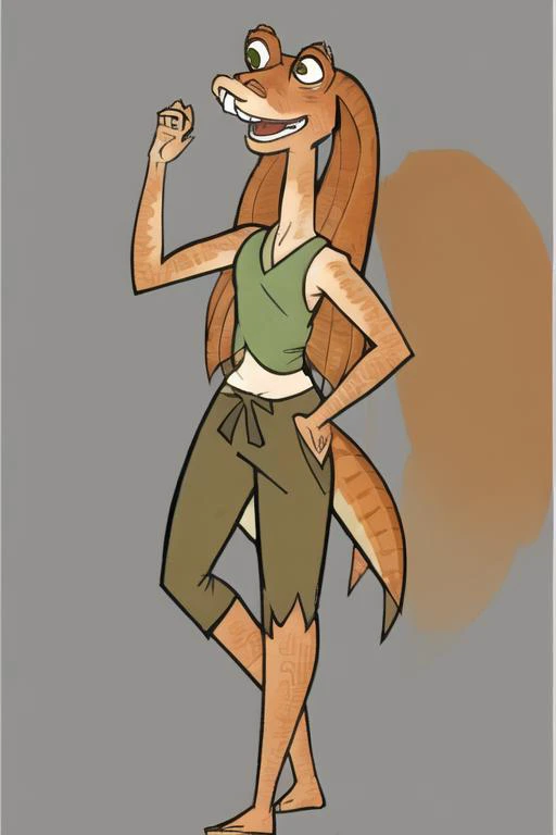 jar jar binks, dancing, vest, rainbow background, 1boy, solo, jar jar binks, pants, flat color, <lora:jarJarBinksGunganStar_v3:0.6> <lora:totalDramaCharacters_v20:0.7>