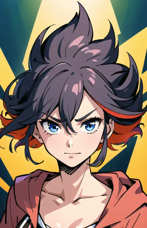 ((masterpiece)), (HDR), best quality, extremely detailed face, perfect lighting, 1girl, solo, <lora:MatoiRyuukoV3:1>, matoi ryuuko, streetwear, pink hoodie, crop top, casual, (smirk:0.7), (gust of wind:1.0), (black hair:0.4), (serious:0.6), (short hair:0.5)