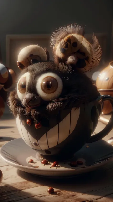<lora:P14n03l3g4nt3b0n3:1>P14n03l3g4nt3b0n3 a red ladybug with big eyes on side of a cup of coffee at picnic. pixar disney 4 k 3 d render movie oscar winning trending on artstation and behance. ratatouille style., shiny ebony and ivory, (Masterpiece:1.3) (best quality:1.2) (high quality:1.1)