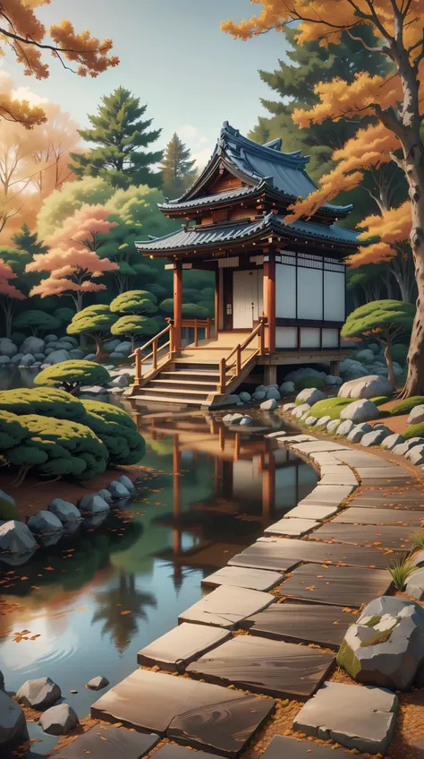 <lora:P14n03l3g4nt3b0n3:1>P14n03l3g4nt3b0n3 a serene Japanese garden in autumn, peaceful setting, warm fall colors, (Masterpiece:1.3) (best quality:1.2) (high quality:1.1)