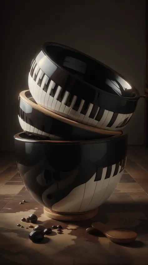 <lora:P14n03l3g4nt3b0n3:1>P14n03l3g4nt3b0n3 Mixing bowls, shiny ebony and ivory, (Masterpiece:1.3) (best quality:1.2) (high quality:1.1)
