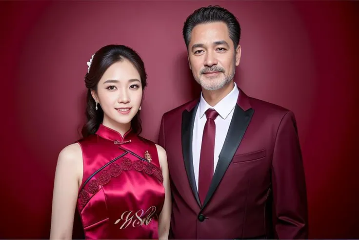 (4k, best quality, masterpiece), (realistic, photo-realistic), wedding photo of  40 y.o man and woman, red background,<lora:dingzhenlora_v1:0.1>,<lora:taiwanDollLikeness_v10:0.1>,<lora:weddingPhoto:0.8>,<wedding photo, upper body: 1.2>