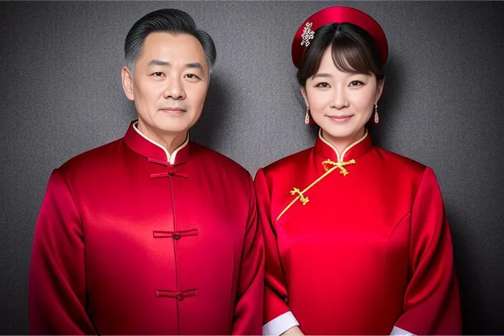 (4k, best quality, masterpiece), (realistic, photo-realistic), wedding photo of 50 y.o chinese man and 50 y.o chinese woman, red background,<wedding photo, upper body: 1.2>,<lora:weddingPhoto:1>