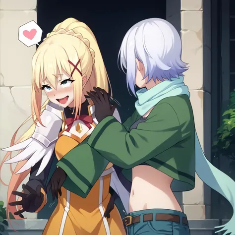score_9, score_8_up, score_7_up, score_6_up, score_5_up, score_4_up, source_anime, slapping, motion lines, motion blur, 2girls, upper body, shiny skin, detailed highlights, shiny, extremely detailed official art, ADDCOMM aroused, happy, detailed face, ///, blush, ahegao, heart, (spoken heart:1.2), drool, darkness \(konosuba\), long hair, green eyes, blonde hair, x hair ornament, ponytail, braid, bodysuit, shoulder armor, armored dress, orange dress, black glove ADDCOL eris, short hair, white hair, black gloves, shorts, belt, scarf, <lora:WillSmithSlappingMeme_pdxl_Incrs_v1:1.1:lbw=XALL:stop=15><lora:Darkness_konosuba_V2:0.8><lora:konosuba-eris-s1s2-ponyxl-lora-nochekaiser:0.9><lora:add-detail-xl:0.65>