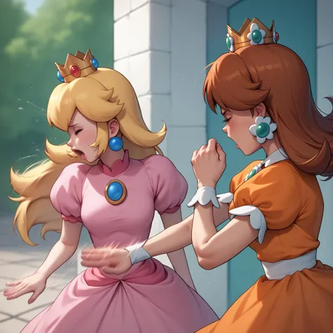 score_9, score_8_up, score_7_up, slapping, motion lines, motion blur, 2girls, <lora:WillSmithSlappingMeme_pdxl_Incrs_v1:0.55>, upper body, 
BREAK princess peach, pink dress, 
BREAK princess daisy, orange dress,