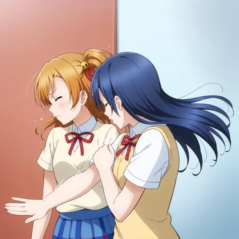 score_9, score_6_up, score_5_up, score_4_up, source_anime, masterpiece, best quality, hires,2D,love live!,shiny skin,slapping, motion lines, motion blur,
standing,(otonokizaka school uniform,white shirt:1.2),yellow cardigan,red ribbon,short sleeves,simple background,upper body, blue sky, cloud,
(2girls:1.2),floating hair,
BREAK,
kousaka honoka,one side up,medium hair, closed eyes,slap mark on cheek, <lora:LLChar_Pony:0.8>, <lora:WillSmithSlappingMeme_pdxl_Incrs_v1:1.0>
BREAK,
sonoda umi,long hair,blue hair,