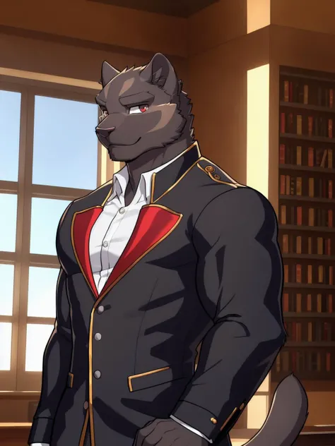 <lora:theo-09:1>, theo prinz, solo, looking at viewer, short hair, shirt, male focus, collared shirt, formal, suit, pectorals, bara, muscular, muscular male, by zackarry911, by zaush, (by personalami:0.5), male, zootopia style, detailed background, smiling, looking at viewer, (soft shading), 4k, hi res, dark theme, castle,