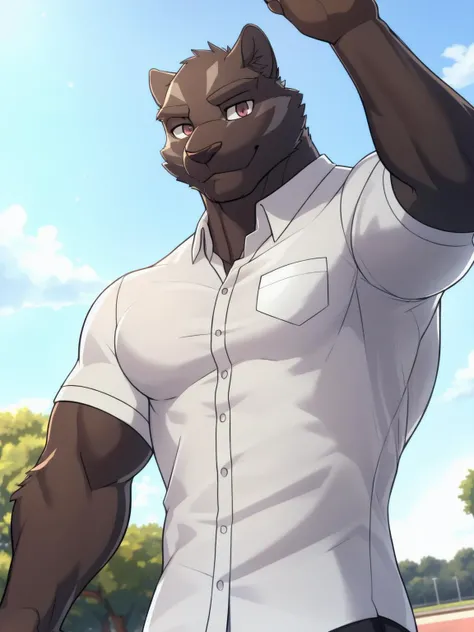 <lora:theo-09:1>, theo prinz, solo, looking at viewer, short hair, shirt, male focus, collared shirt, pectorals, bara, muscular, muscular male, by zackarry911, by zaush, (by personalami:0.5), male, zootopia style, detailed background, looking at viewer, (soft shading), 4k, hi res, training grounds, dummy,