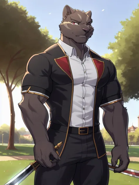 <lora:theo-09:1>, theo prinz, solo, looking at viewer, short hair, shirt, male focus, collared shirt, pectorals, bara, muscular, muscular male, by zackarry911, by zaush, (by personalami:0.5),  male, zootopia style, detailed background, looking at viewer, (soft shading), 4k, hi res, training grounds, dummy, sword, holding sword, angry,