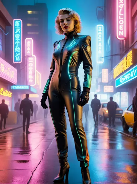 retro cyberpunk, Photorealism RitaHeyworthSDXL wearing cyberpunk catsuit, in a street in a cyberpunk city, mist, neon lighting, <lora:RitaHeyworthSDXL-000009:1>, Photorealism, often for highly detailed representation, photographic accuracy, or visual illusion., 1980s inspired, synthwave, neon, vibrant, detailed, retro futurism