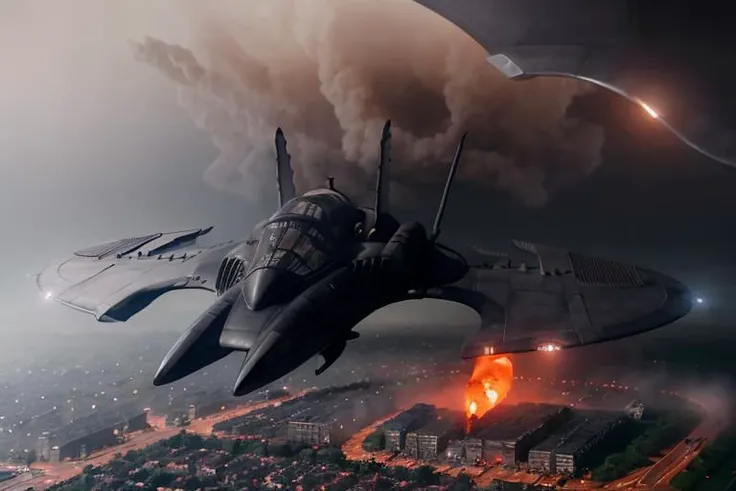 analog gloomy aerial photo of an (aircraft, <lora:b4tw1ng:1>), ((nighttime)), (flying low through a city on fire), (explosions on the ground), High Detail, Sharp focus, (photorealism), realistic, best quality, 8k, award winning, dramatic lighting, epic, cinematic, masterpiece, rim light, (action movie), war, depth of field, dutch angle, motion blur,
