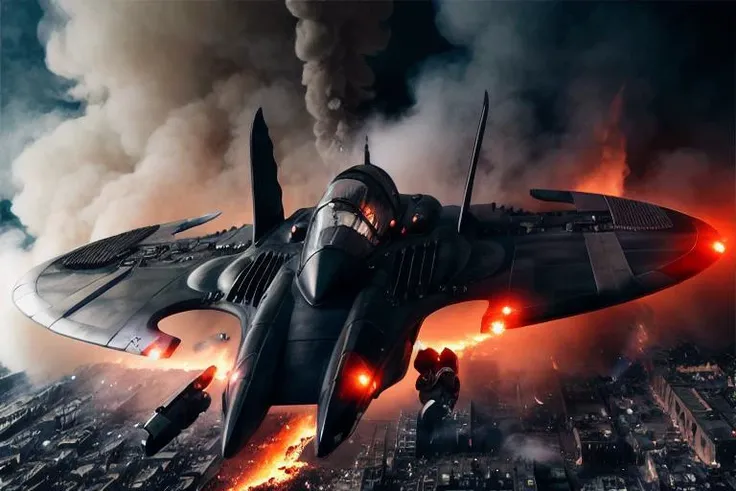 analog gloomy aerial photo of a (Burton Batwing, <lora:b4tw1ng:1>), ((nighttime)), (flying low through a city on fire), (explosions in the background), (tracer gunfire),  High Detail, Sharp focus, (photorealism), realistic, best quality, 8k, award winning, dramatic lighting, epic, cinematic, masterpiece, rim light, (action movie), war,  depth of field, dutch angle, motion blur,