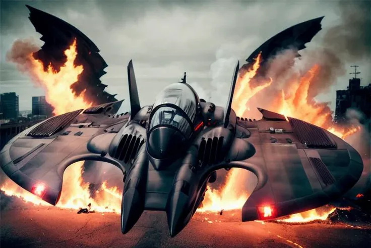 analog gloomy aerial photo of a (Burton Batwing, <lora:b4tw1ng:1>), ((nighttime)), (flying low through a city on fire), (explosions in the background), (tracer gunfire), High Detail, Sharp focus, (photorealism), realistic, best quality, 8k, award winning, dramatic lighting, epic, cinematic, masterpiece, rim light, (action movie), war, depth of field, dutch angle, motion blur,
