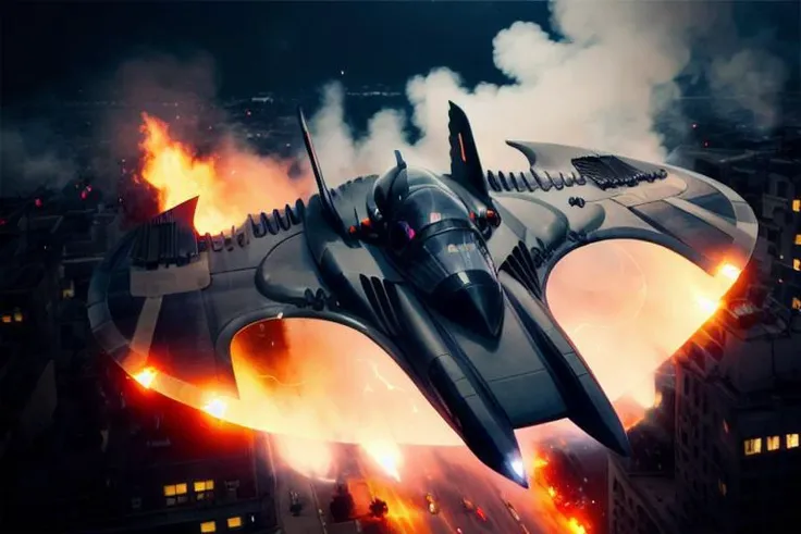 analog gloomy aerial photo of a (Burton Batwing, <lora:b4tw1ng:1>), ((nighttime)), (flying low through a city on fire), (explosions in the background), (tracer gunfire), High Detail, Sharp focus, (photorealism), realistic, best quality, 8k, award winning, dramatic lighting, epic, cinematic, masterpiece, rim light, (action movie), war, depth of field, dutch angle, motion blur,