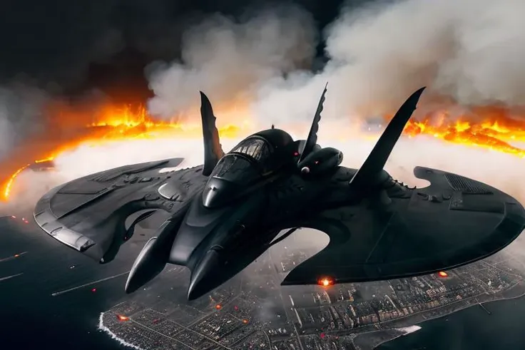 analog gloomy aerial photo of a (Burton Batwing, <lora:b4tw1ng:1>), ((nighttime)), (flying low through a city on fire), (explosions on the ground), High Detail, Sharp focus, (photorealism), realistic, best quality, 8k, award winning, dramatic lighting, epic, cinematic, masterpiece, rim light, (action movie), war, depth of field, dutch angle, motion blur,
