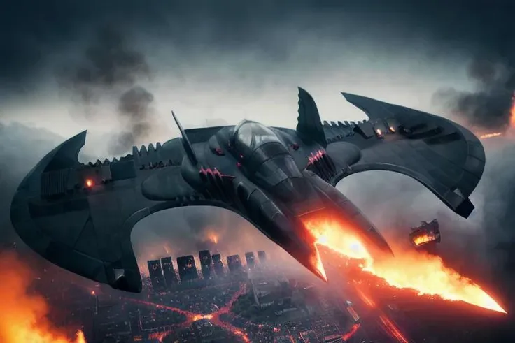 analog gloomy aerial photo of a (Burton Batwing, <lora:b4tw1ng:1>), ((nighttime)), (flying low through a city on fire), (explosions in the background), (tracer gunfire),  High Detail, Sharp focus, (photorealism), realistic, best quality, 8k, award winning, dramatic lighting, epic, cinematic, masterpiece, rim light, (action movie), war,  depth of field, dutch angle, motion blur,