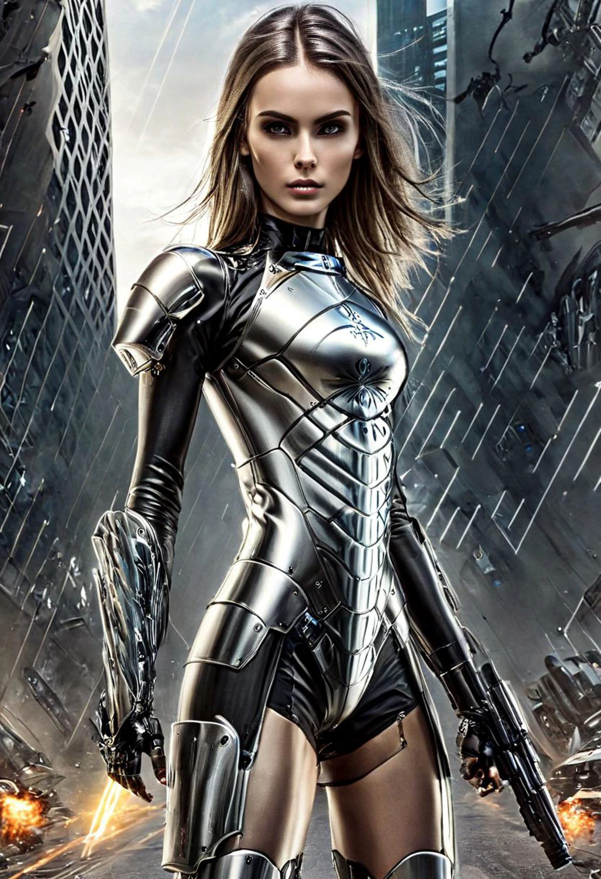 SFW, 1 girl, solo girl, full body shot, (sexy girl, Russian girl), hi tech metal plugsuit, armored skirt, DonMT3chC057ruc7sXL, (perfection style, detailed style, perfection, perfect, action shot:1.1), ArmoredDress, midriff, ribs, intricate detail, tattoo, ((tattoos)), long hair
(long straight hair, Fine tune face, Perfect face, (Skinny:1.3) (Anorexia body:1.2), Long legs), cybernetic arms, (cybernetics:1.5), toned, sexy hi tech armor, futuristic city in the background,
<lora:EnvyStarlightCyberAngel01:1>
<lora:EnvyActionShotXL01:0.5>
<lora:badass_last: -50>
<lora:perfection style:0.3>
<lora:DonMT3chC057ruc7sXL:0.8>
<lora:EnvyDynamicPoseXL01:0.5:hr=0>
<lora:detailed:0.3>