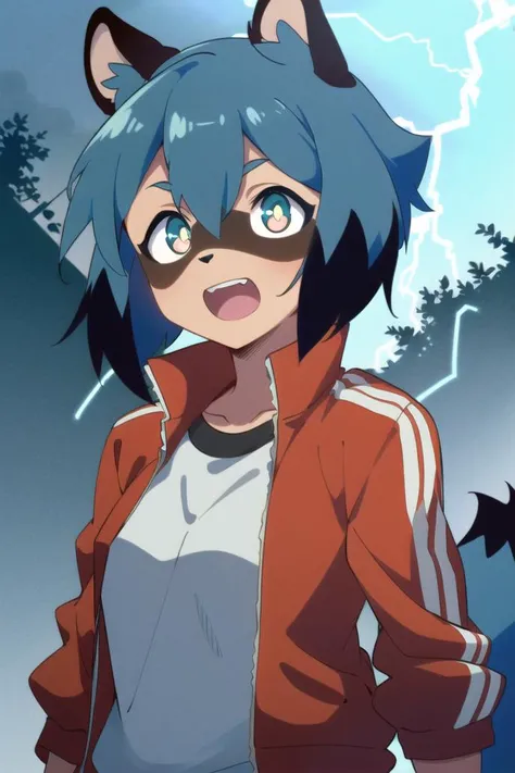 Michiru_kagemori, 1girl, animal_ears, blue_hair, body_fur, furry, furry_female, raccoon_ears, raccoon_girl, raccoon_tail, short_hair, tail, red_jacket, track_jacket, white_shirt, open mouth, screaming, scared, night, rain, lightning, lightning strike, outside, forest, tree, portrait, solo, upper_body, ambient darkness, dark
