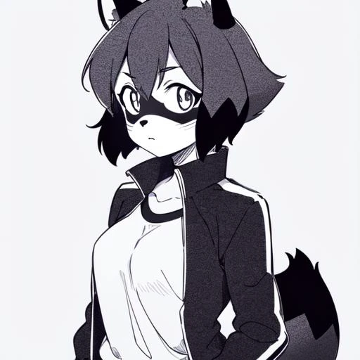 Michiru_kagemori, 1girl, animal ears, body fur, furry, furry female, raccoon ears, raccoon girl, raccoon tail, short hair, black jacket, track jacket, grayscale, monochrome, lineart, manga, sketch, black_and_white, (black:1.2), simple_background, white_background, grey_background, solo, upper_body, looking_at_viewer
