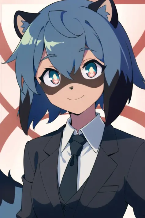 Michiru_kagemori, 1girl, animal_ears, blue_hair, body_fur, furry, furry_female, raccoon_ears, raccoon_girl, raccoon_tail, short_hair, black_jacket, jacket, suit, business suit, white_shirt, tie, black_tie, mafia, hat, hat with brim, gangster, portrait, solo, upper_body, looking_at_viewer