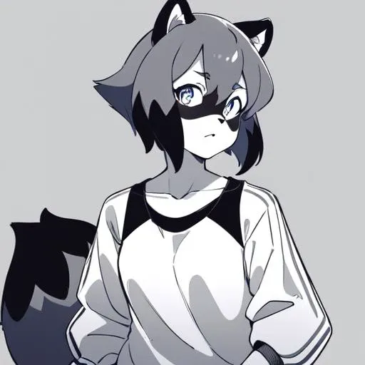Michiru_kagemori, 1girl, animal ears, body fur, furry, furry female, raccoon ears, raccoon girl, raccoon tail, short hair, black jacket, track jacket, grayscale, monochrome, lineart, manga, sketch, black_and_white, (black:1.2), simple_background, white_background, grey_background, solo, upper_body, looking_at_viewer