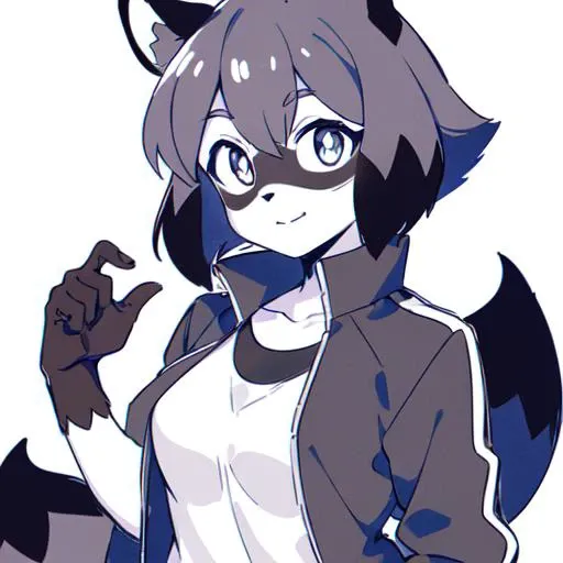 Michiru_kagemori, 1girl, animal ears, body fur, furry, furry female, raccoon ears, raccoon girl, raccoon tail, short hair, black jacket, track jacket, grayscale, monochrome, lineart, manga, sketch, black_and_white, (black:1.2), simple_background, white_background, grey_background, solo, upper_body, looking_at_viewer
