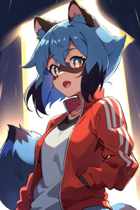 Michiru_kagemori, 1girl, animal_ears, blue_hair, body_fur, furry, furry_female, raccoon_ears, raccoon_girl, raccoon_tail, short_hair, tail, red_jacket, track_jacket, white_shirt, open mouth, screaming, scared, night, rain, lightning, lightning strike, outside, forest, tree, portrait, solo, upper_body, ambient darkness, dark