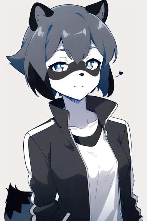 Michiru_kagemori, 1girl, animal ears, body fur, furry, furry female, raccoon ears, raccoon girl, raccoon tail, short hair, black jacket, track jacket, grayscale, monochrome, lineart, manga, sketch, black_and_white, (black:1.2), simple_background, white_background, grey_background, solo, upper_body, looking_at_viewer