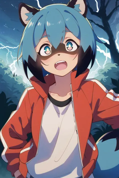 Michiru_kagemori, 1girl, animal_ears, blue_hair, body_fur, furry, furry_female, raccoon_ears, raccoon_girl, raccoon_tail, short_hair, tail, red_jacket, track_jacket, white_shirt, open mouth, screaming, scared, night, rain, lightning, lightning strike, outside, forest, tree, portrait, solo, upper_body, ambient darkness, dark