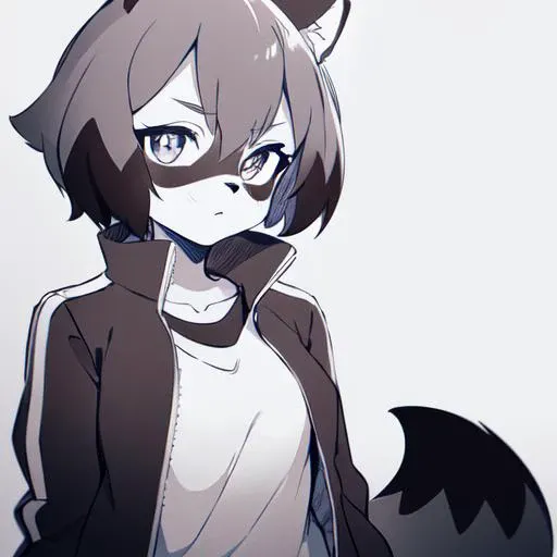 Michiru_kagemori, 1girl, animal ears, body fur, furry, furry female, raccoon ears, raccoon girl, raccoon tail, short hair, black jacket, track jacket, grayscale, monochrome, lineart, manga, sketch, black_and_white, (black:1.2), simple_background, white_background, grey_background, solo, upper_body, looking_at_viewer