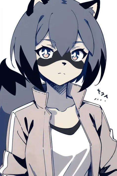 Michiru_kagemori, 1girl, animal ears, blue hair, body fur, furry, furry female, raccoon ears, raccoon girl, raccoon tail, short hair, black jacket, track jacket, grayscale, monochrome, lineart, manga, sketch, simple_background, white_background, grey_background, solo, upper_body, looking_at_viewer