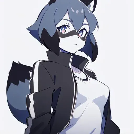 Michiru_kagemori, 1girl, animal ears, body fur, furry, furry female, raccoon ears, raccoon girl, raccoon tail, short hair, black jacket, track jacket, grayscale, monochrome, lineart, manga, sketch, black_and_white, (black:1.2), simple_background, white_background, grey_background, solo, upper_body, looking_at_viewer