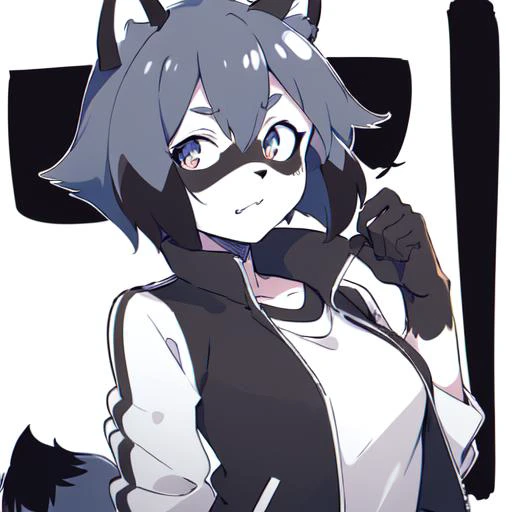Michiru_kagemori, 1girl, animal ears, body fur, furry, furry female, raccoon ears, raccoon girl, raccoon tail, short hair, black jacket, track jacket, grayscale, monochrome, lineart, manga, sketch, black_and_white, (black:1.2), simple_background, white_background, grey_background, solo, upper_body, looking_at_viewer
