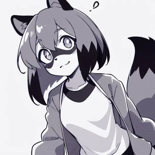 Michiru_kagemori, 1girl, animal ears, body fur, furry, furry female, raccoon ears, raccoon girl, raccoon tail, short hair, black jacket, track jacket, grayscale, monochrome, lineart, manga, sketch, black_and_white, (black:1.2), simple_background, white_background, grey_background, solo, upper_body, looking_at_viewer