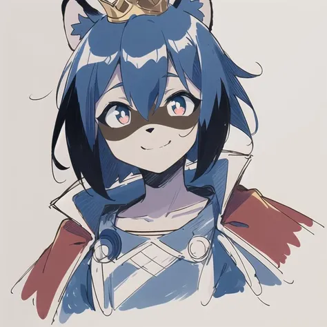 Michiru_kagemori, 1girl, animal_ears, blue_hair, body_fur, furry, furry_female, raccoon_ears, raccoon_girl, raccoon_tail, short_hair, king_cape, (red_cape:1.2), dress, crown, gold_crown, cloth, queen, white_theme, greyscale, monochrome, manga, sketch, simple_background, white_background, portrait, upper_body,